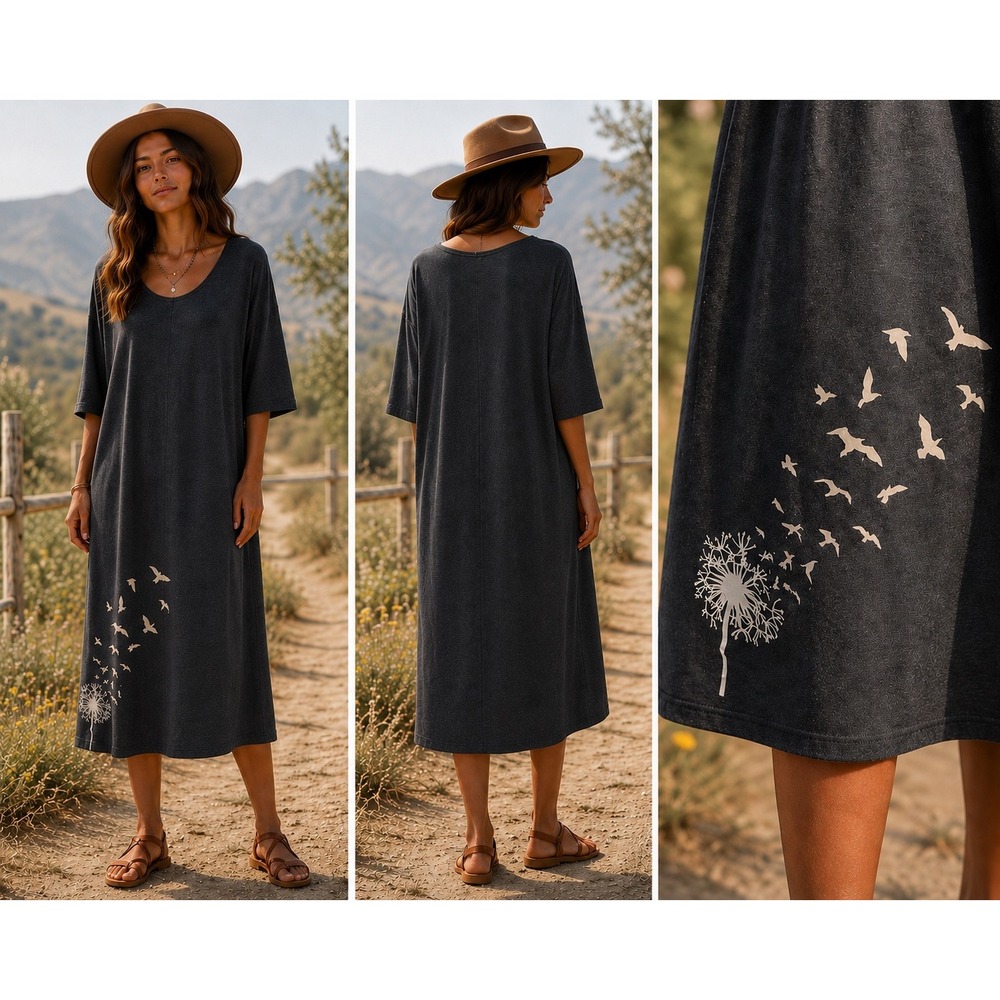 Coastal Boho Blue Grey Dandelion Bird Graphic Short Sleeve Midi T-Shirt Dress XL